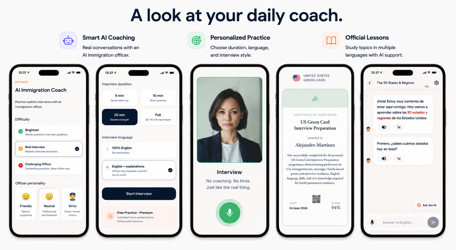 Immigro AI app showcase: AI Immigration Coach, interview setup, certificate, voice-first interview mode, and lessons